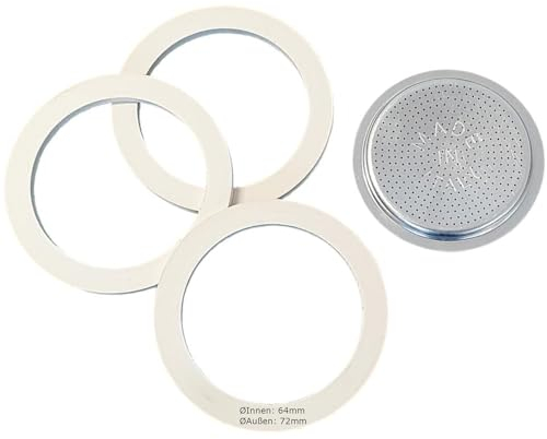 harren24 Filter und 3x Dichtung für Espressokocher, kompatibel mit Bialetti Espressokanne für 6 Tassen, Ø außen 72 mm, 7,2 cm, Ø innen 64 mm, 6,4 cm, Ersatzdichtung, Dichtungsring