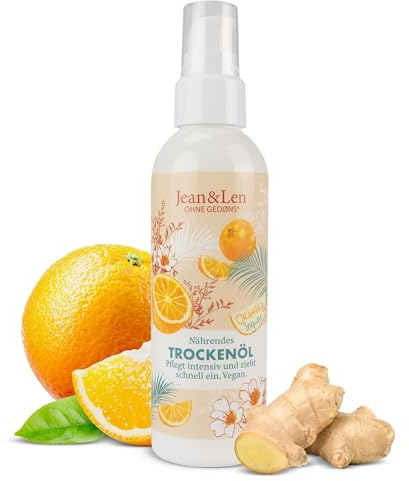 Jean & Len Aceite seco, naranja y jengibre, rico cuidado corporal, 99% del contenido del producto de origen natural, fragancia refrescante, sin parabenos ni siliconas, aceite corporal vegano, 100 ml