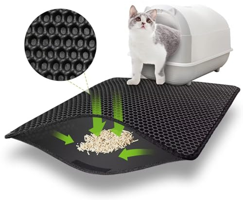 Tappetino Lettiera Gatto, 75 x 55 cm Tappeto Lettiera Gatto e Design a Fori Larghi, Doppio Strato Impermeabile, Nero