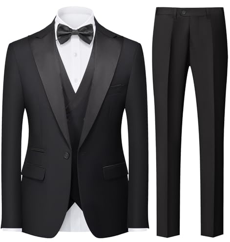 Rogers & Morris Tuxedo Suits for Men Solid 3 Piece Slim FitFormal Set Peak Lapels One Button Jacket Vest Pants Black S