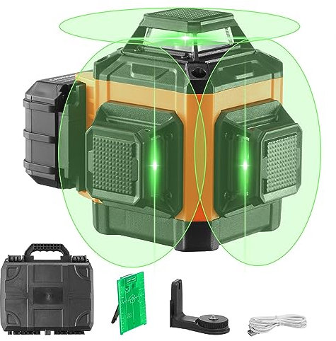 VEVOR Niveau Laser 30 m Niveau Laser 360° x 3 Ligne Croisée Verte Mode Autonivelant Manuel Longueur d'Onde Laser 520 nm ± 10 nm Précision de 0,28 cm à 10 m 8 h de Travail Continu avec Batterie Support
