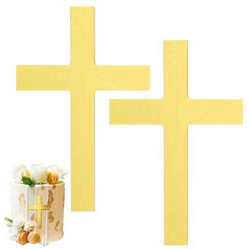 RDNKVB Croce Dorato Topper Torta Decorazione Torta Croce in Acrilico per Decorazione Torta Cake Prima Comunione Matrimonio Battesimo Cresima Oro 2pz