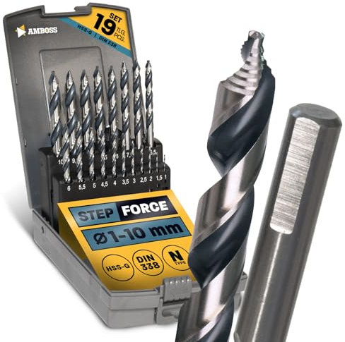 Spiralbohrer Step Force 19tlg. SET Ø1-10 mm - HSS-G DIN 338 für Stahl, Baustahl, Alu, Buntmetalle AMBOSS WERKZEUGE® Bohrer Bleche, Profile - Sechskant f. Bohrmaschine, Akkubohrer, Standbohrmaschine