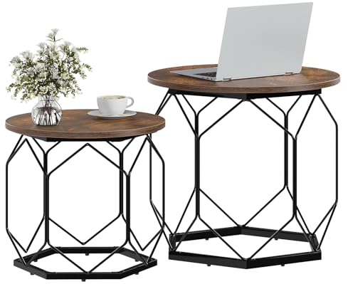 WOLTU 2er Set Couchtisch, Beistelltisch mit runder Tischplatte, Sofatisch mit hohlem Metallrahmen, Wohnzimmertisch mit Stauraum, aus Holzwerkstoff, Holzmaserung Schwarz,BTS05vbn