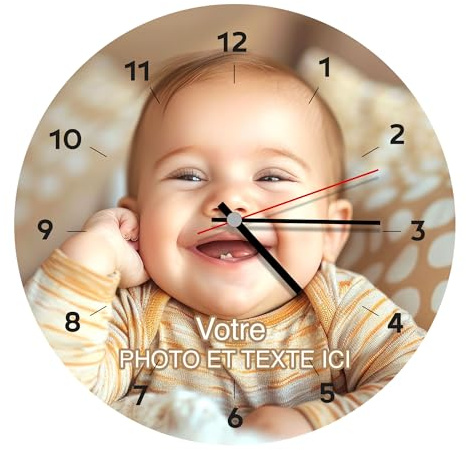 Ballonssimo Horloge Ronde Personnalisée en Bois 23, 26 ou 29 cm - Impression Photo et Texte Haute Qualité - Décoration Murale Unique - Idée Cadeau Originale (100% Personnalisable)