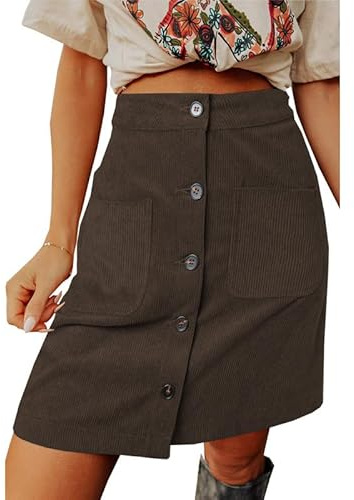 Jupe Courte En Velours Côtelé Avec Poches Pour Femme, Style Vintage, Taille Haute, Boutonnée Sur Le Devant, Longueur Genou, Coupe Trapèze, Idéale Pour L'École, Le Travail Ou Le Quotidien, Coll