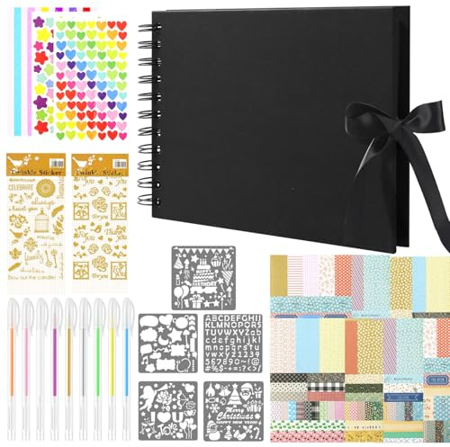 Álbum de Fotos para Pegar y Escribir, Kit DIY Scrapbook 21.5 x 15 cm, con 60 Páginas Negras de 280g, 9 Bolígrafos de Gel, Plantillas y Pegatinas, para Boda Aniversario Boda y Bebé