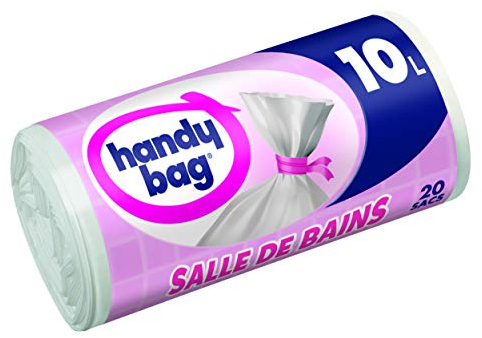 Handy Bag - Rouleaux de 20 Sacs Poubelle 10 L, Pour Salle de Bains, Fermeture a Liens Hermetique, Resistant, Anti-Fuites, 34 x 40 cm, Blanc