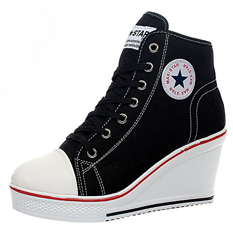 Padgene Damen Canvas Wedge Trainer Damen Lace Up Side Zip High Top Ankle Boots Sneaker Pump Sportschuhe