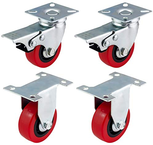 Ruedas giratorias Bulldog Castors de poliuretano con frenos de 50 mm, en color rojo, material resistente, para muebles, aparatos y equipos ruedas, carga máxima 150 kg por juego