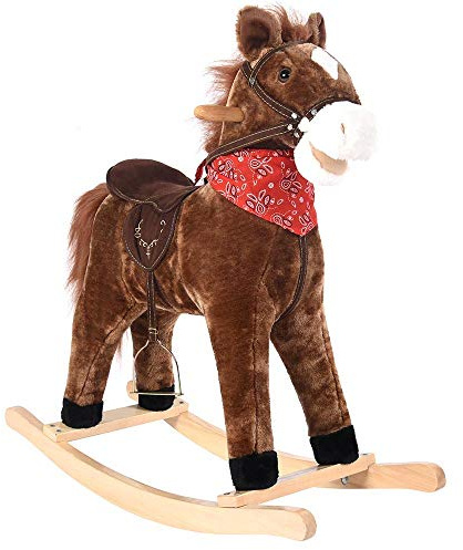 BAKAJI Caballo balancín para niños con Sonidos realistas, Estructura de Madera y Tela de Peluche de Calidad, Juegos para la Infancia (marrón)