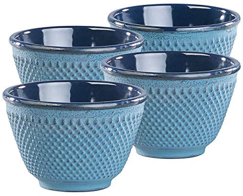 Rosenstein & Söhne Teecups: 4er-Set asiatische Teebecher aus Gusseisen und Emaille, petrolblau (Teeschalen Matcha, Tassen, Guss)