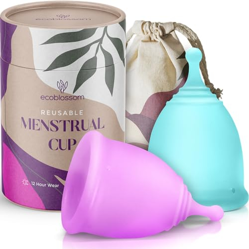 EcoBlossom Reusable Menstrual Cup Multipack - The Most Reliable Medical Grade Silicone Period Cups - Comfortably Use for 12 Hours. Set of 2 Black Cups (Small & Large)