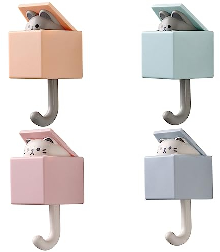 FZQBEY 4 Stück Tier Wandhaken Selbstklebend, Katze Wasserfest Handtuchhaken, Kreativer Selbstklebender Kleiderhaken, Wasserdichter Haken für Robe, Mantel, Schlüssel, Hüte, Handtuch
