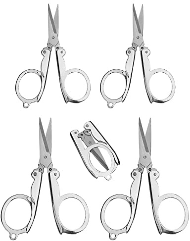 SHULLIN 4 stycken små vikbara saxar i rostfritt stål mini vikbar sax vikbar sax med nyckelhål för resor skola kontor hem manuellt arbete 2 storlekar (silver)
