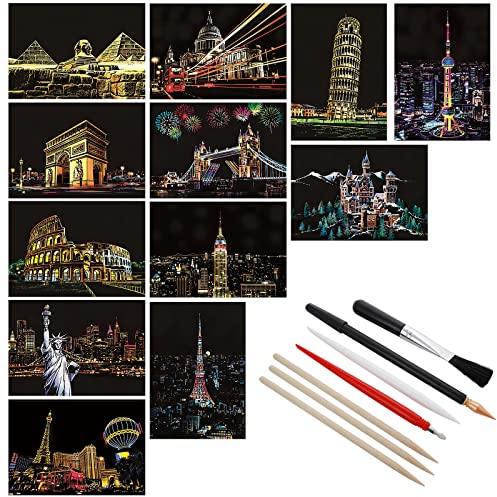 Lusofie Kratzbilder Erwachsene 12 Blätter Kratzpapier Urban Scratch Painting Kratzbilder Scratch Art Papier und Stift Set Schwarzes Kratzpapier für DIY Crafts Home Decor Art Project