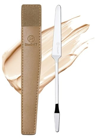 STUDIO17 Stainless Steel Makeup Spatula | Professional Makeup Tool for Even Foundation Application | Double Edge Spatula for Small Face Areas | Bag for Clean Storage