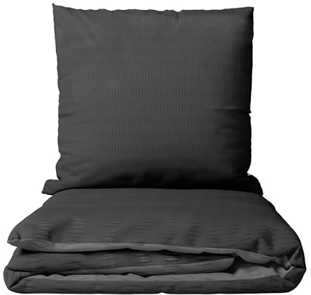 Leonado Vicenti Bettwäsche Seersucker Mikrofaser Set Einfarbige Uni Garnitur Bezug Kissen Decke, 3teilig, 200x220 cm, Grau