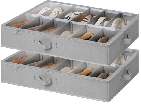StorageWorks Organizador de zapatos para debajo de la cama, contenedor de zapatos para hasta 24 pares, cajas de almacenamiento de zapatos con tapa, ahorrador de espacio, gris, pack de 2