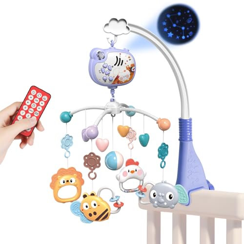Aolso Babybett-Spielzeug, Mobile für Babybett, Baby Einschlafhilfe Musikspielzeug mit süßen Tieren, Babybett-Mobile mit Musik und Lichtern, Projektor und Fernbedienung (Kaninchenprojektion-Blau)