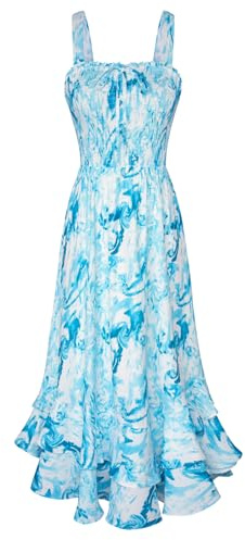 GRACE KARIN Women Summer Floral Maxi Dress Square Neck Chiffon Strappy Smocked Boho Beach Dress Blue Water-Ripples L