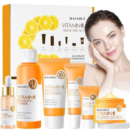 HASAIKA® Kit per la Cura Della Pelle alla Vitamina C, Crema Rassodante Idratante per la Pelle, con Detergente, Toner, Crema Viso, Siero per Donne, per una Pelle Luminosa e Radiosa, 6 pezzi