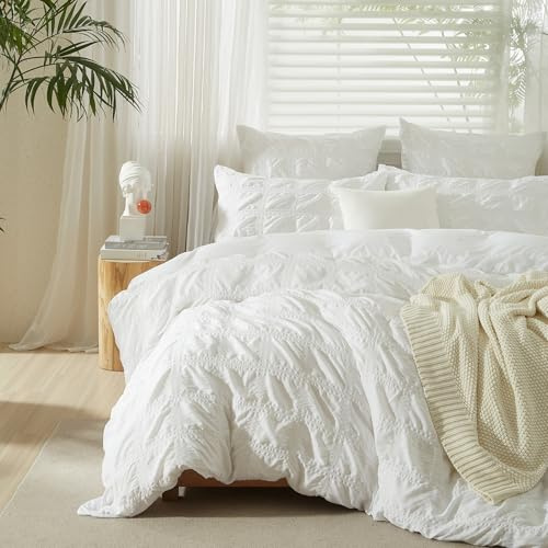 Gezu Copripiumino bianco 240 x 260 cm a quadretti, Seersucker Parure da letto 240 x 260 cm, per adulti, adolescenti, morbido, elegante, biancheria da letto matrimoniale, con 2 federe da 65 x 65 cm con