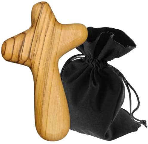 Lunexus Croce di consolazione 10 cm – Croce a mano – Beato & consacrato – Legno d'ulivo in Betlemme – Croce di preghiera per guarigione, conforto, pellegrinaggio, comunione, cresima, battesimo –