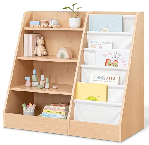 Comfy Cubs Kids Bookshelf 35.2 x 15.7 x 31.5 Inches - Sturdy MDF Montessori Book Shelf with Soft & Hard Shelves for Toys & Books - Child-Friendly, Easy Access Storage Organizer for Kids - Wood
