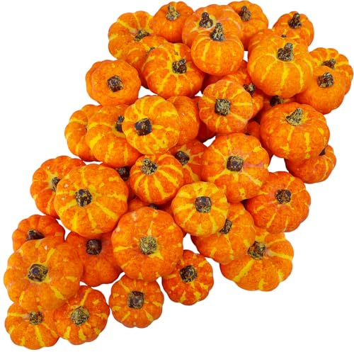 Winlyn 48 Pcs Mini Artificial Orange Pumpkins Fall Rustic Harvest Faux Foam Pumpkins 1.8 2.1 for Thanksgiving Table Centerpiece Halloween Party Autumn Home Wedding Baby Shower Wreath Bowl Fillers