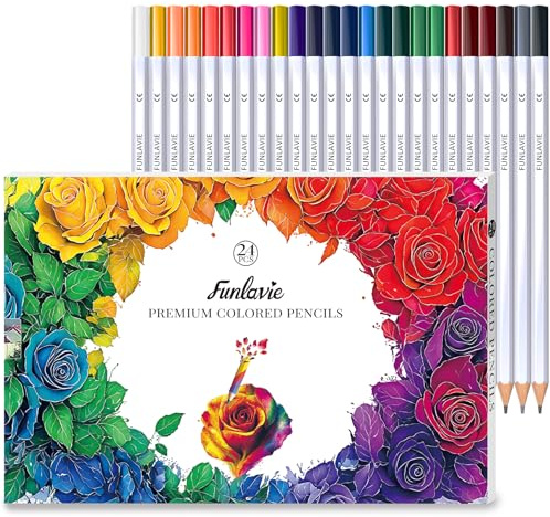 FUNLAVIE 24 Colouring Pencils for Adult Colouring Books Soft Core Oil based | Drawing Pencils for Artist Drawing, Sketching, Blending and Shading, Coloured Art Supplies for Beginner with Sharpener