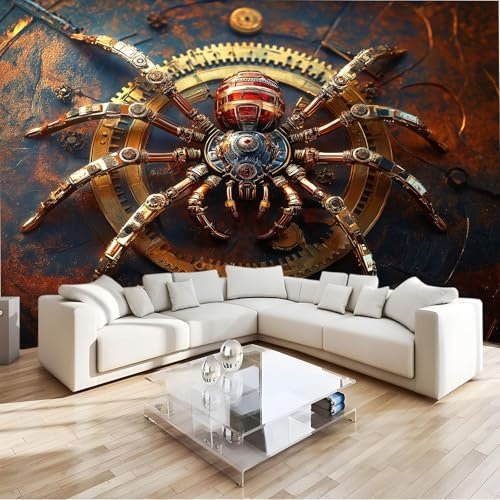 Papel Tapiz Fotográfico Mural 3D Araña Animal Estilo Metal Fotomurales Pared Tejido No Tejido Murales Decoración De Paredes 200 X 140 Cm Para Salón Dormitorio, Oro