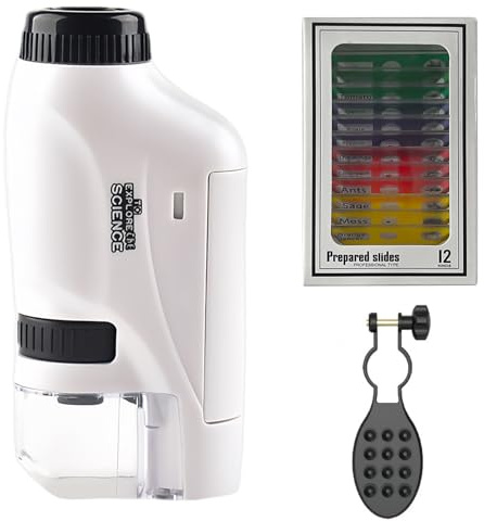 Fickmikroskop mobiltelefon mikroskop 60 X-120 x, mini mikroskop med LED-ljus, handmikroskop med stativ och objekthållare för studenter upplysning hus skola laboratorium