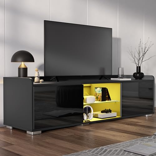 Blisswood High Gloss TV Unit – 140 Cm Black LED TV Stand Cabinet with 20-Colour RGB Light with Remote, Glass Shelf, Stylish TV Cabinet for Living Room Furniture, Suitable for 43–55” TVs