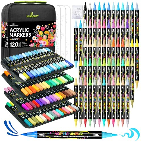 WINSONS 120 Colors Colouring Pens, Acrylic Paint Pens, Dual Brush Tip, Non-Toxic, Waterproof, Drawing Markers with Storage Case, Replaceble Nibs