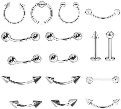 16 PCS Curved Barbell Piercings Jewelry Set, Rook Piercing Jewellery Vertical Labret Lip Bars Forward Helix Jewelry, Eyebrow Piercing Jewellery Suitable for Daily Life Parties and Gift Giving