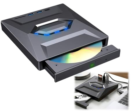 RAINPOT External DVD Drive USB 3.0 & Type-C, Portable DVD-RW/CD Writer Reader with USB Hub & SD/TF Card Reader, Plug & Play Optical Drive for Laptop Desktop