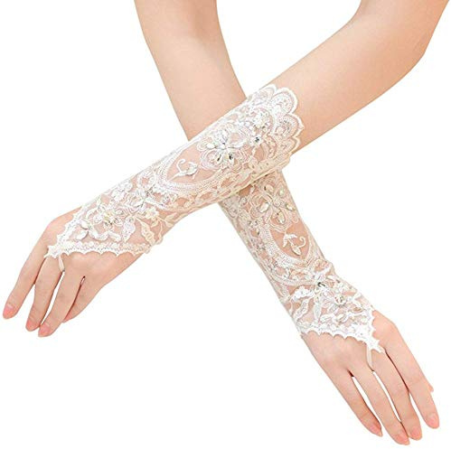 SUNTRADE Lace Wedding Gloves,Fingerless Rhinestone Bridal Gloves for Wedding Prom Evening Party