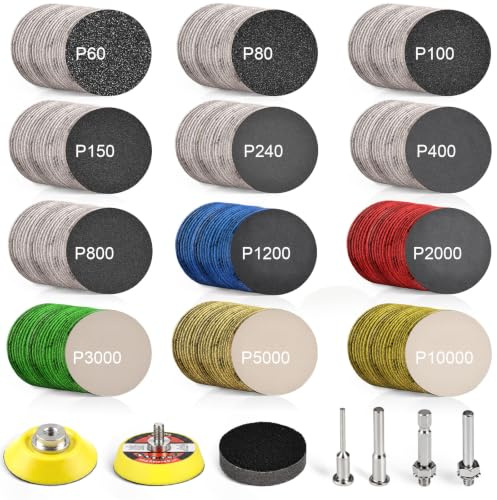 187 Pieces 2 Inch Sanding Disc, GOH DODD Wet Dry Sandpaper with Interface Pad and Backer Plate 1/4 Shank, 60-10000 Grits Grinding Abrasive Sand Paper for Auto Metal Glass Resin Wood Sanding