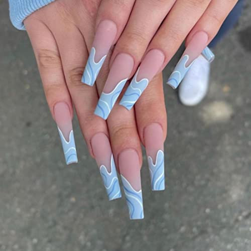 SINLOV 24 pezzi bara finte unghie nude sfumate stampa su unghie finte lunghe ballerina unghie artificiali copertura completa unghie finte punte per unghie artistiche per donne e ragazze (Blu)
