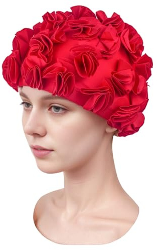 Medifier Cuffia da nuoto vintage con petali di fiori 3D, stile retrò, cuffia da doccia, per donne e ragazze, colore rosso