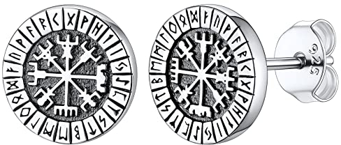 FaithHeart 925 Silber Wikinger Ohrstecker Viking Vegvisir Ohrring mit Rune Symbol Nordischer Kompass Ohrstecker mit Geschenkebox für Damen Herren