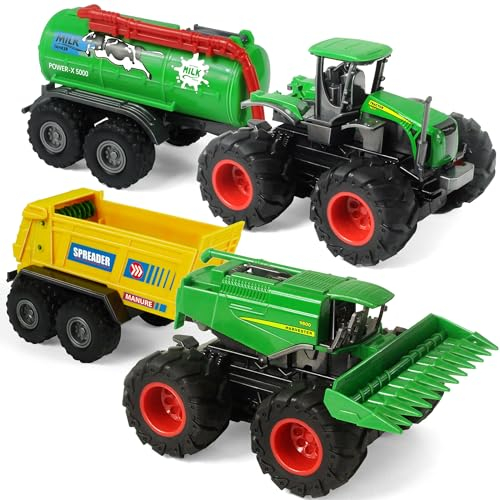 KARMOUNT Farm Traktor Fahrzeuge Traktor Anhänger, Reibungsbetriebene Trägheit Trecker mit Anhänger, Metall & Kunststoff Körper Mähdrescher, Farming Spielzeug Spielset für Jungen Kinder