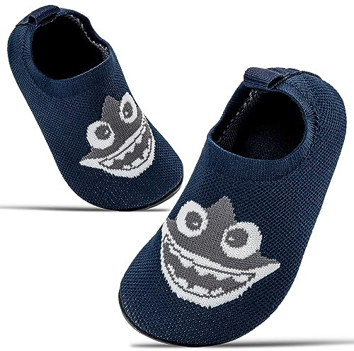 Sosenfer Chaussons Enfants Garçons Chaussons Filles souples pour pieds nus, Slipper de marche mignons pour bébés-Requin bleu foncé-33