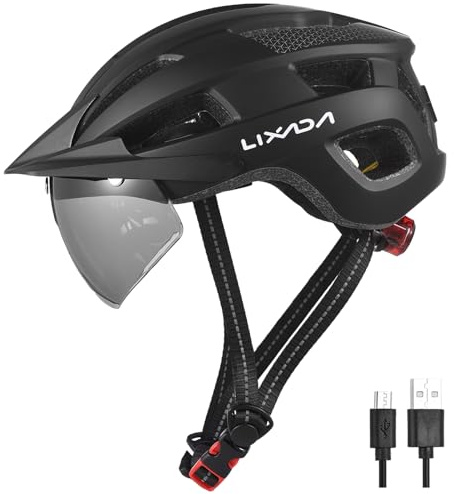Lixada Casco da bicicletta con luce, 54-62 cm, speciale casco da bicicletta da donna, uomo, bambino, con visiera, pieghevole e posteriore per uomo e donna