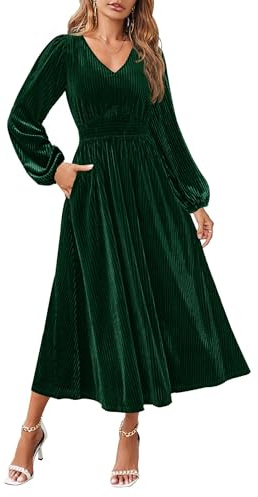 ZESICA Women's Velvet Midi Dress 2025 Casual V Neck Long Sleeve Solid Color Elastic High Waist Flowy Evening Party Dresses Green Large