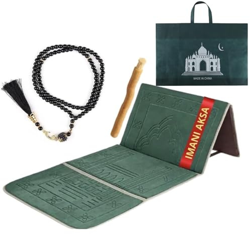 Imani Aksa Muslimsk bönematta (1,4 kg) svart med Takke, Tesbih och Miswak Bönematta med ryggstöd vikbar resebönematta – Seccade (grön)