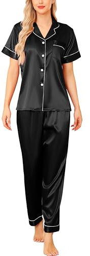 Vlazom Womens Silk Pyjamas, Soft Satin Short Sleeve Top & Long Pant Pyjamas Set Button Down Pj Sets Loungewear for All Seasons, A-Black,S
