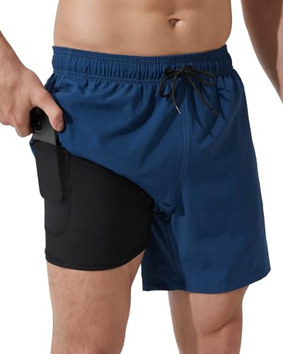 Arcweg Bañador para Hombre con Forro de Compresión 2 en 1 de Secado Rápido con Forro Corto Elástico para la Playa con Bolsillos con Cremallera Azul Cian L(EU)