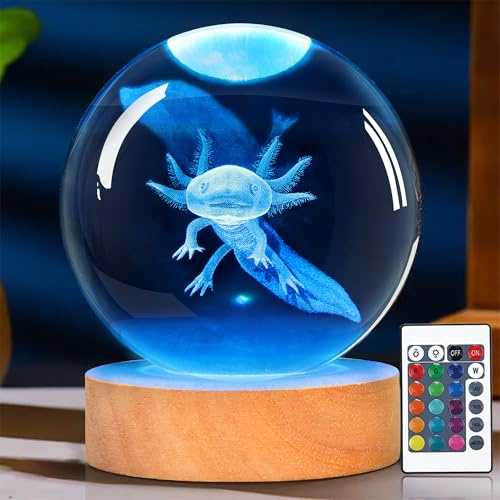 OkiyiD Axolotl, sfera di cristallo 3D, luce notturna con telecomando, lampade a sfera in vetro per amici, compleanni, vacanze, fantastici giocattoli decorativi per ragazzi e ragazze
